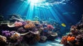 underwater coral reef landscape background in the deep blue ocean with colorful fish and marine life Royalty Free Stock Photo