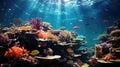 underwater coral reef landscape background in the deep blue ocean with colorful fish and marine life Royalty Free Stock Photo