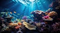 underwater coral reef landscape background in the deep blue ocean with colorful fish and marine life Royalty Free Stock Photo