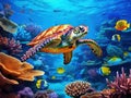 Underwater coral reef landscape wide panorama background in the deep blue ocean with colorful fish sea turtle marine wild Royalty Free Stock Photo