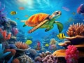 Underwater coral reef landscape wide 2to1 panorama background in the deep blue ocean with colorful fish sea turtle marine wild Royalty Free Stock Photo