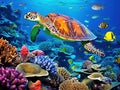 Underwater coral reef landscape wide 2to1 panorama background in the deep blue ocean with colorful fish sea turtle marine wild Royalty Free Stock Photo