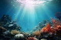 An underwater coral reef scene, in the style of realistic depiction of light, sunrays shine upon it. Ai Generated