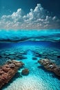 Underwater coral reef seabed view with horizon and water surface split by waterline Royalty Free Stock Photo