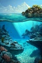 Underwater coral reef seabed view with horizon and water surface split by waterline Royalty Free Stock Photo