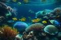 An underwater coral reef teeming with marine life, featuring colorful fish, swaying sea anemones, and intricate coral formations Royalty Free Stock Photo