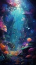 Underwater coral reef, tropical fish, vibrant sea colors, beautiful seascape, ocean beauty in 3D. Royalty Free Stock Photo