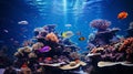 Underwater with corals and many fish on blue underwater background