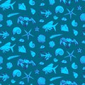 Underwater creatures monochrome seamless pattern with fish, crab, shells, starfish. Cartoon blue vector illustration, cute sea Royalty Free Stock Photo
