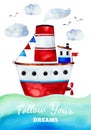 Pre-made greeting card with ship,seagulls and clouds. Royalty Free Stock Photo