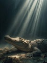 Underwater Crocodile In Sunlight Beams Royalty Free Stock Photo