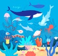 Underwater. Cute undersea animals, cartoon sea wildlife. Happy aquarium habitat, oceanic fishes and mammals. Marine life