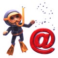 Underwater 3d cartoon of a scuba snorkel diver looking at an email address symbol sinking to the ocean floor, 3d illustration Royalty Free Stock Photo