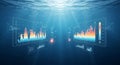 Underwater data visualization with graphs and charts on digital screens Royalty Free Stock Photo