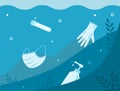 Underwater debris, trash after pandemic coronavirus Covid-19. Latex gloves, plastic bottle sanitizer, medical surgical mask and