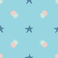 Underwater design of seamless pattern for wrapping, textile, print. Seastar and jellyfish colorful vector illustration