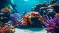 Underwater Diorama: Captivating Crab Swimming Among Vibrant Corals And Colorful Fishes