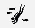 Underwater Dive Icon. Man SCUBA Diving Diver Underwater Sea Ocean Fish Marine Black White Sign Symbol EPS Vector