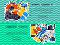 Underwater diving sport banner poster templates vector illustration. Water diving activity scuba dive equipment. Active