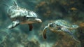 Underwater, a dolphin and a loggerhead sea turtle swim gracefully in the ocean