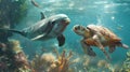 Underwater, a dolphin and a loggerhead sea turtle swim gracefully in the ocean