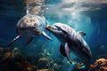 Underwater dolphin playing sea. Generate Ai Royalty Free Stock Photo