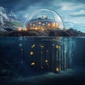 Underwater Excavation Site with Transparent Dome Showcasing Aquatic Life Impact and Soil Displacement