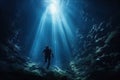 Underwater exploration - scuba deep sea diver swimming in a deep ocean cavern