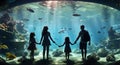 Underwater family. Silhouettes of young family of three enjoying views of underwater life.