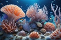 An underwater fantasy kingdom thriving with coral shells sea life