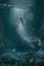 Underwater fantasy scene half woman half jellyfish   swims to the surface Royalty Free Stock Photo