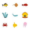 Underwater fauna icons set, flat style