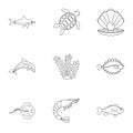 Underwater fauna icons set, outline style