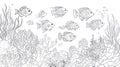 Line Drawing Underwater Scene with Tropical Fish and Coral Reef Royalty Free Stock Photo