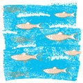 Underwater fishes blue background on old grunge paper