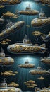 Underwater Fleet of Submarines and Fish Royalty Free Stock Photo