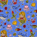 UNDERWATER FRIENDS Mermaid Animal Cartoon Seamless Pattern