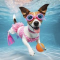 Underwater funny photo of cute dog. ai generative