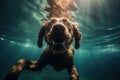 Underwater funny photo of dog, dive deep down. Summer vacation with pet. Closeup underwater photo of a dog. Generative