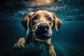 Underwater funny photo of a golden labrador retriever , concept of Aquatic Humor, created with Generative AI technology