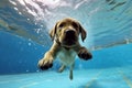 Underwater funny photo of golden labrador retriever puppy in swimming pool. Generative AI