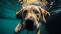 Underwater funny photo of golden labrador retriever puppy in swimming pool play with fun Royalty Free Stock Photo