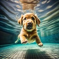 Underwater funny photo of golden labrador retriever puppy in swimming pool play with fun - jumping, diving deep down. Royalty Free Stock Photo