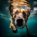 Underwater funny photo of golden puppy in swimming pool