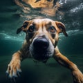 Underwater funny photo of puppy in swimming pool play with fun