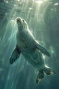 Underwater Grace Seal Gliding Effortlessly Through Sunlit Ocean Waters, Serene Marine Life Scene