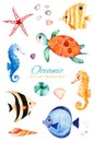 Underwater hand painted multicolored coral fishes.seahorse,turtle Royalty Free Stock Photo