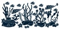 Underwater horizontal border. Hand drawn white and blue vector illustration