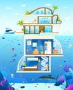 Underwater hotel, family enjoy unusual luxury accommodation, people vector illustration