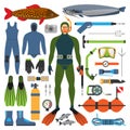 Underwater hunting and hunter man character with gun other fishing contrivance device weapon vector illustration. Royalty Free Stock Photo